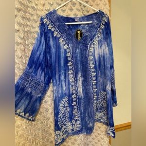 New Shoreline Blue Tie Dye Embroidered Cover Up or Tunic.